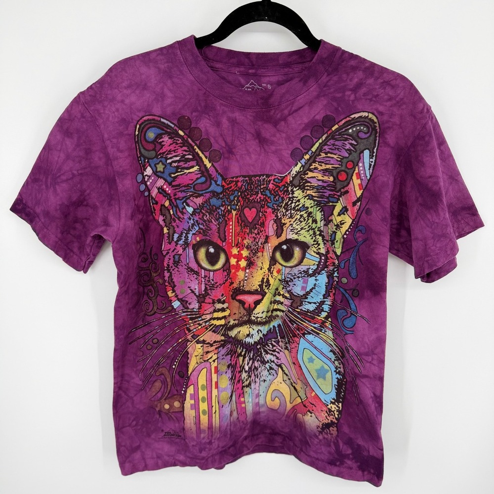 The Mountain Cat Graphic Tie Dye T-Shirt Women Small Purple Psychedelic Cat Lady